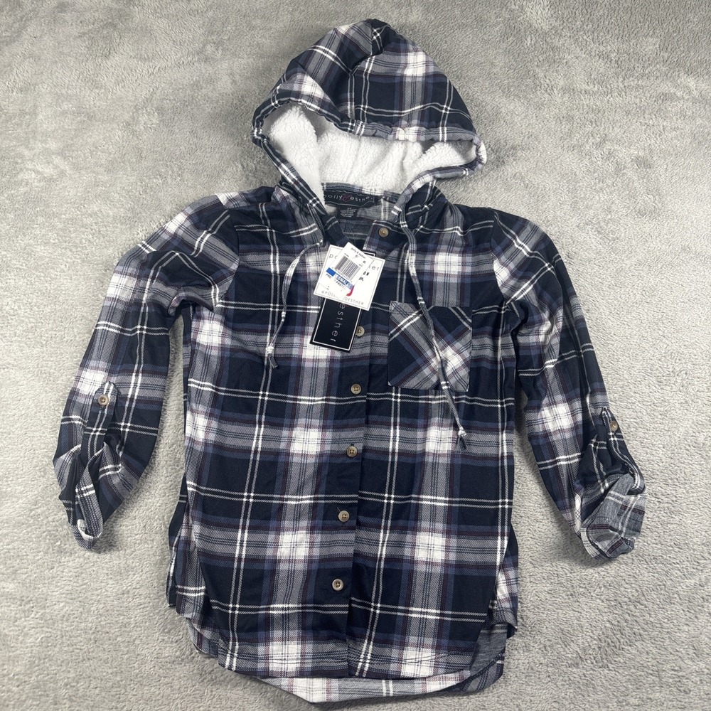 Polly & Esther Women's Flannel Sherpa Hoodie Jacket Multi Plaid Button XS‎ New